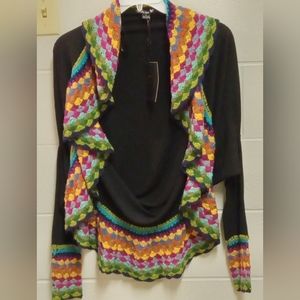 NEW Double Zero Black Open Cascade Cardigan - Multi-Colored Crochet Trimming, Lg